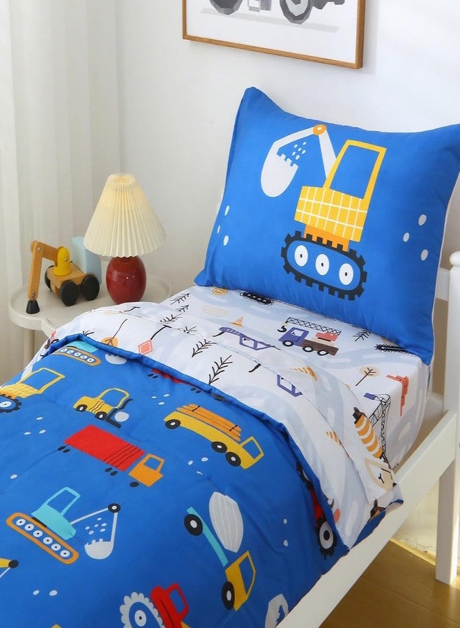 JQWUPUP Blue Cartoon Car Construction Toddler Bedding Set for Boys, 4 Piece Reversible Truck Lightweight Toddler Comforter with Bed Sheet Set - Image 4